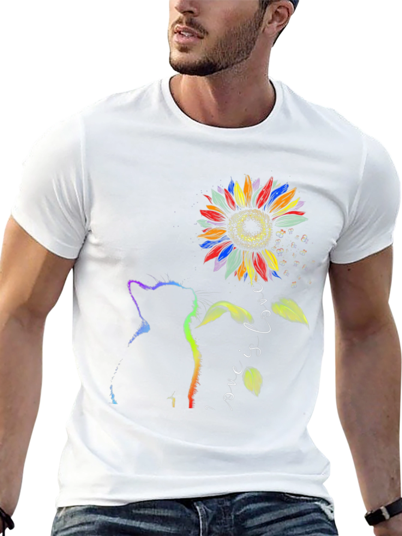 Rainbow Cat Sunflower Love is Love T-Shirt