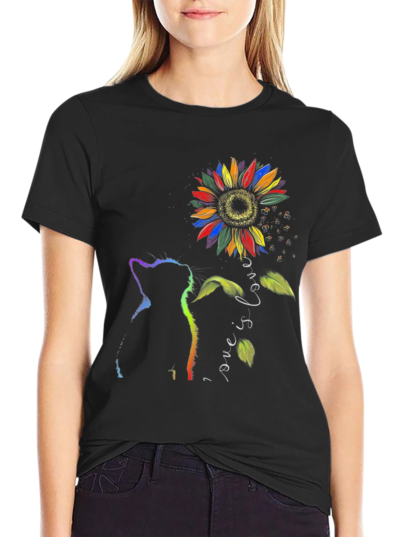 Rainbow Cat Sunflower Love is Love T-Shirt
