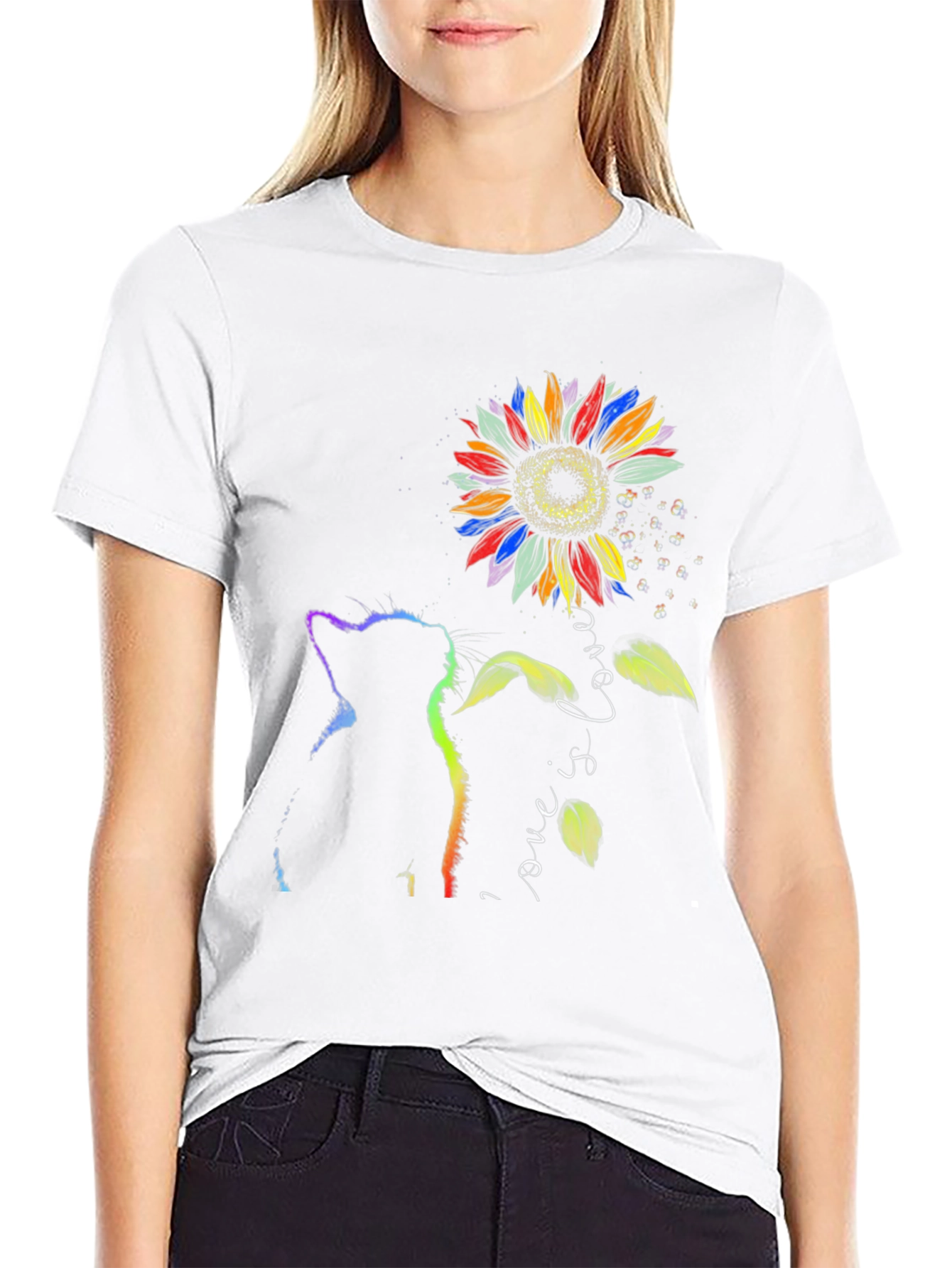 Rainbow Cat Sunflower Love is Love T-Shirt