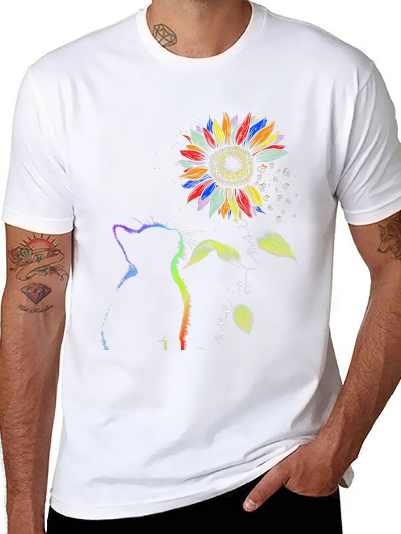 Rainbow Cat Sunflower Love is Love T-Shirt
