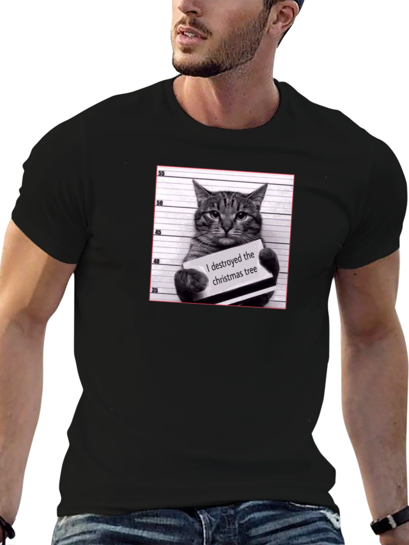 Cat Mugshot T-Shirt - I Destroyed the Christmas Tree