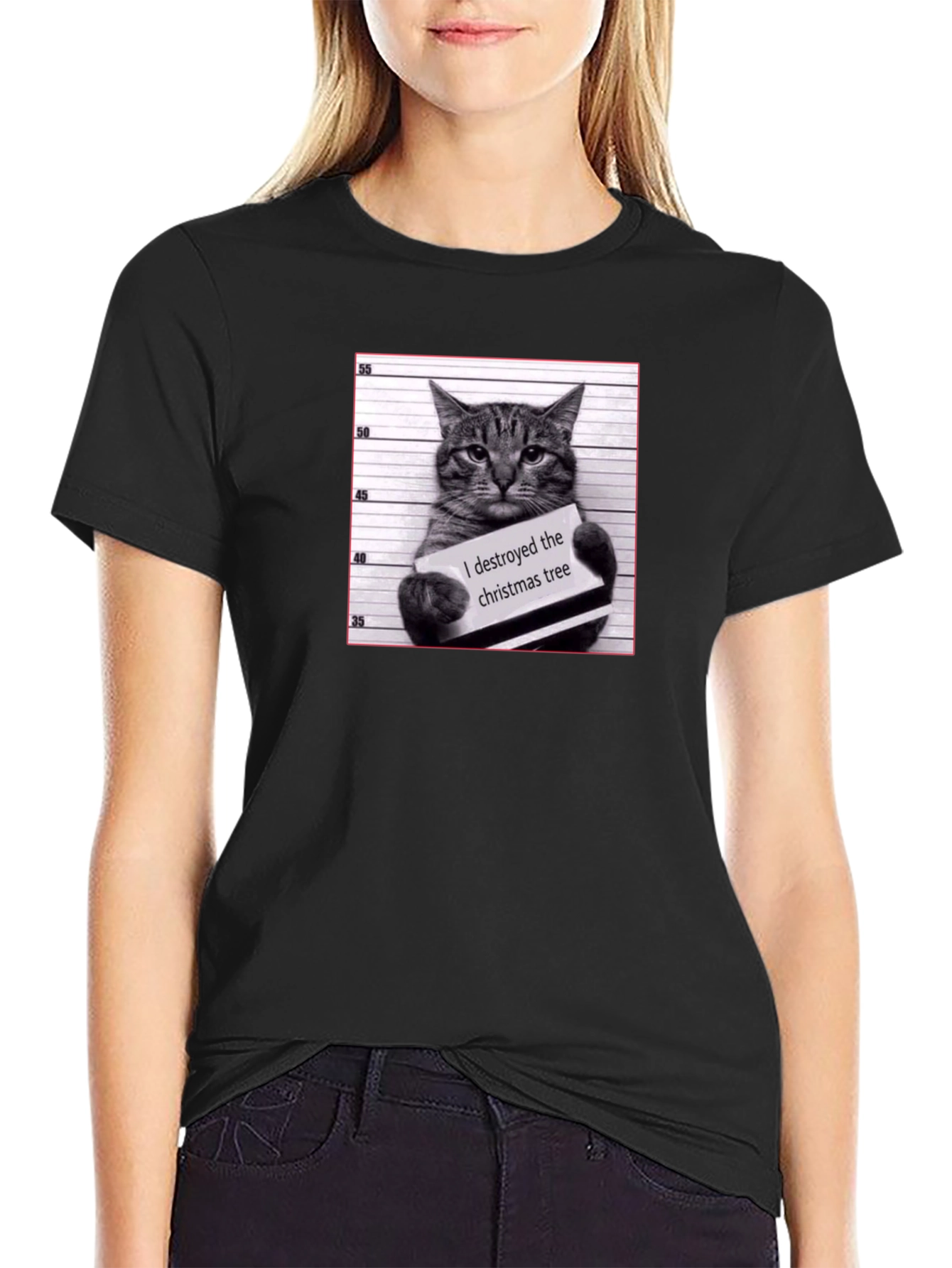 Cat Mugshot T-Shirt - I Destroyed the Christmas Tree
