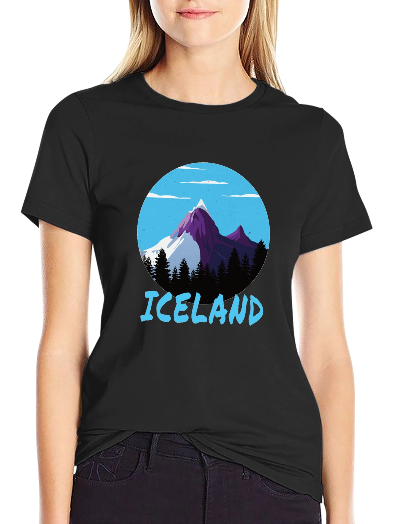 Iceland Mountain Scene Graphic Tee - Black