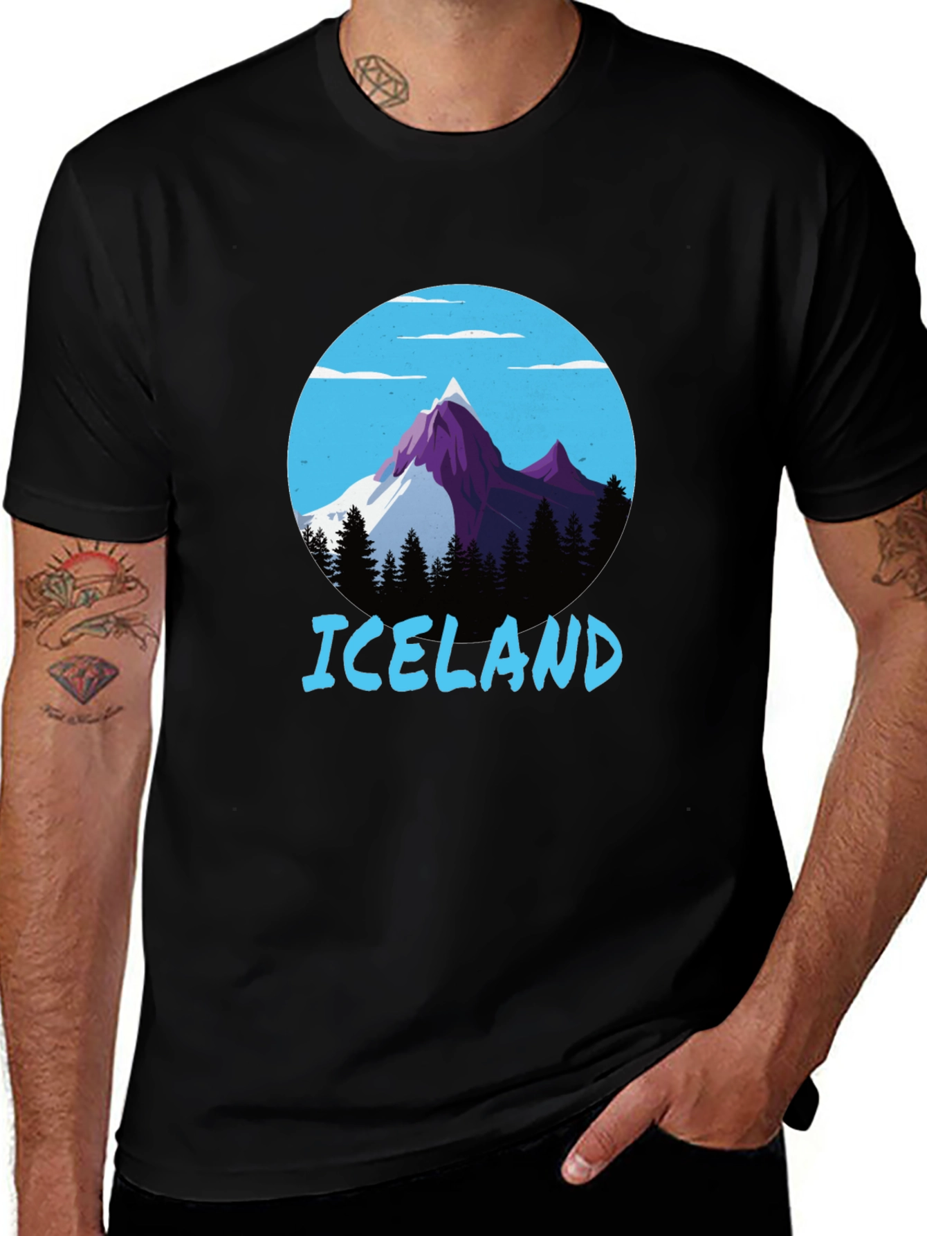 Iceland Mountain Scene Graphic Tee - Black