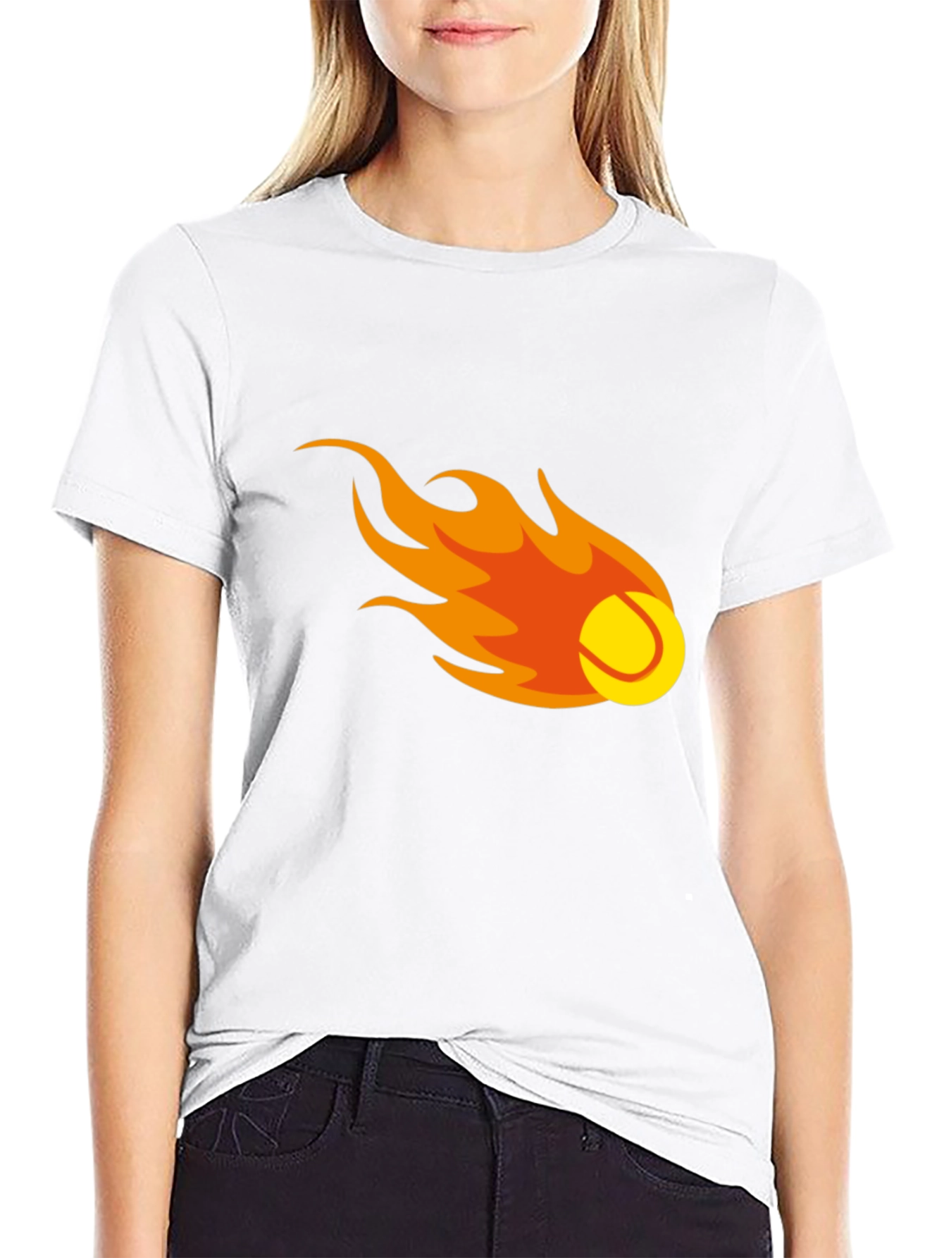 Flaming Tennis Ball Graphic Tee - Black Cotton T-Shirt