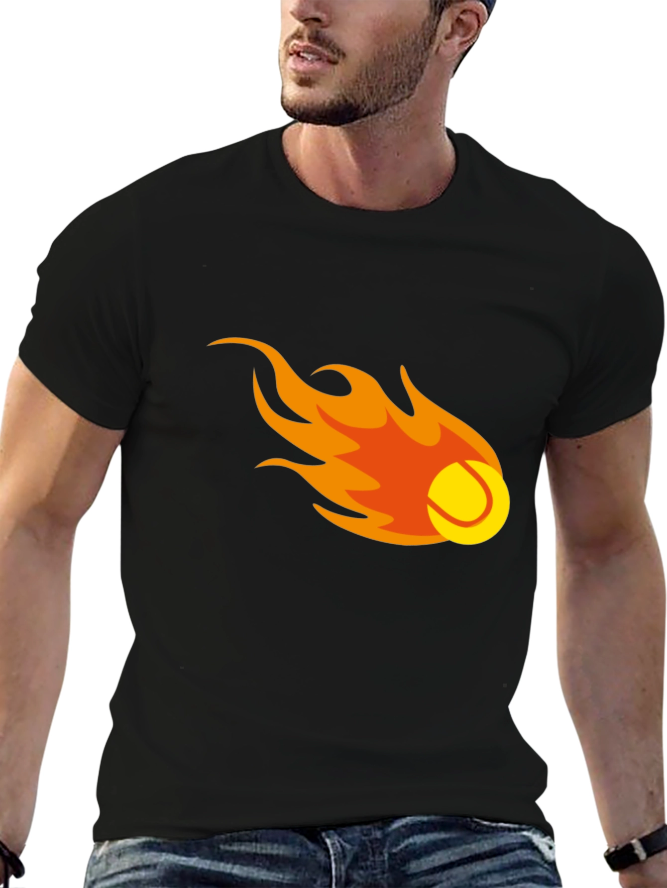 Flaming Tennis Ball Graphic Tee - Black Cotton T-Shirt