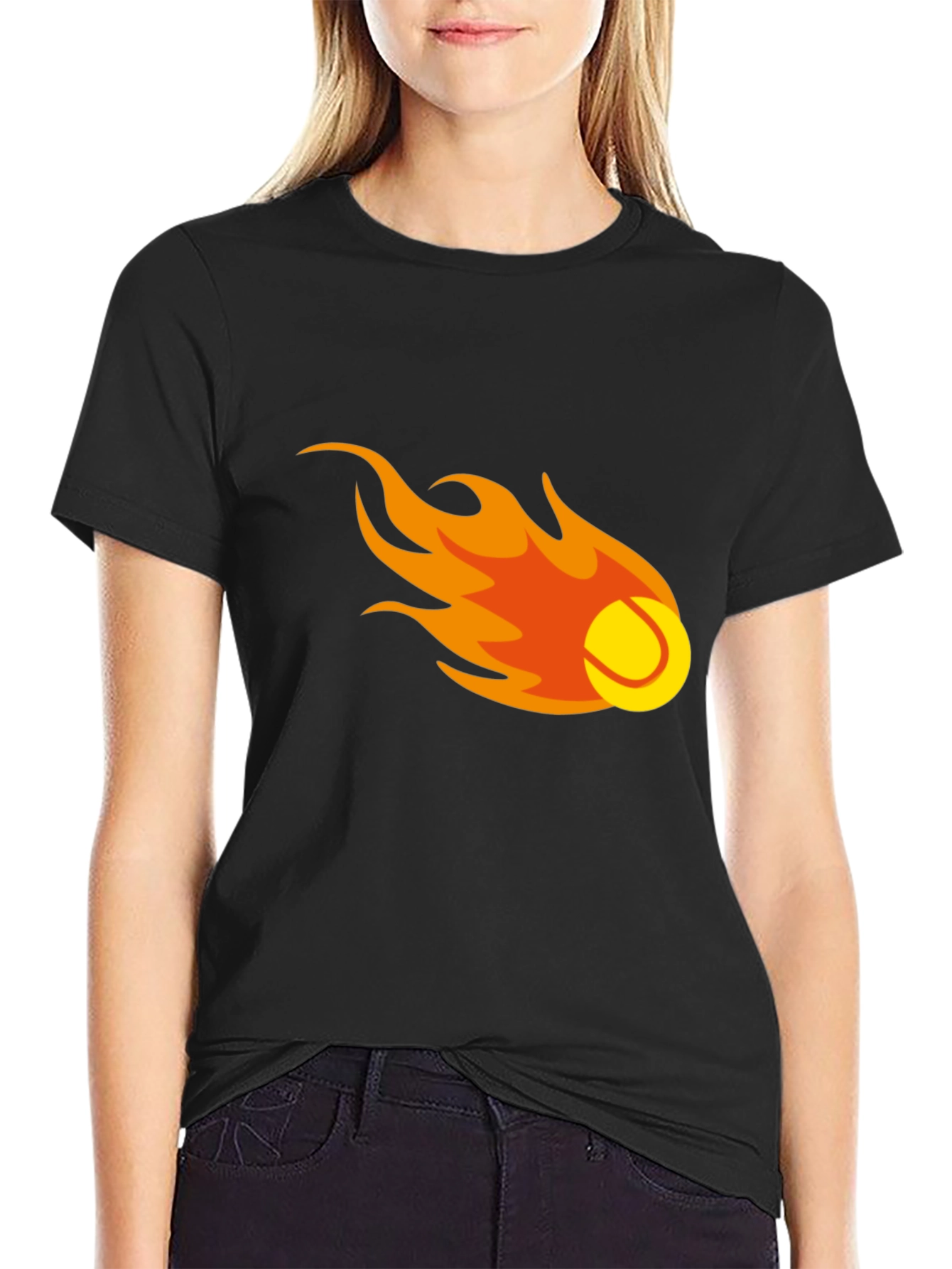 Flaming Tennis Ball Graphic Tee - Black Cotton T-Shirt