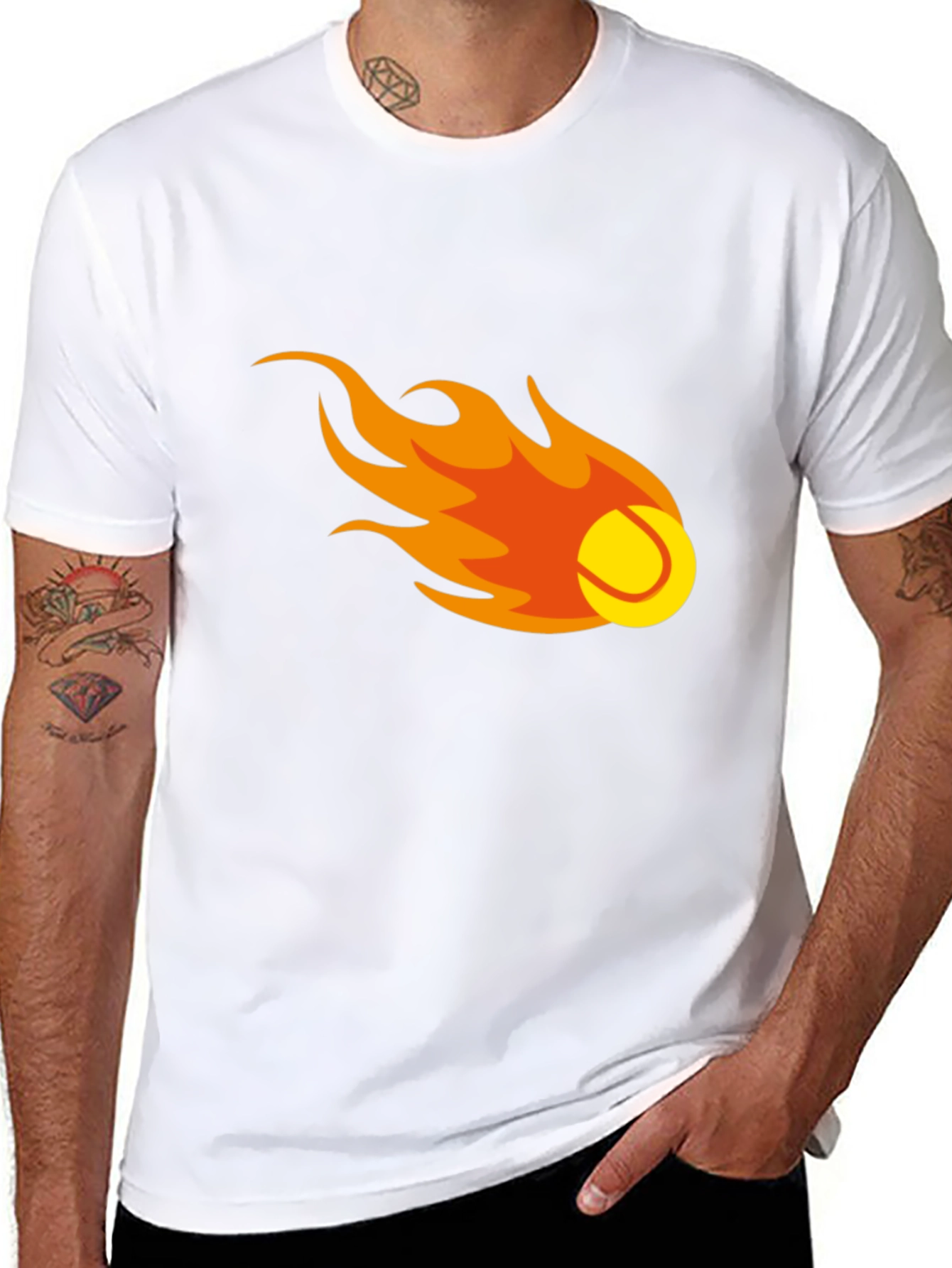 Flaming Tennis Ball Graphic Tee - Black Cotton T-Shirt