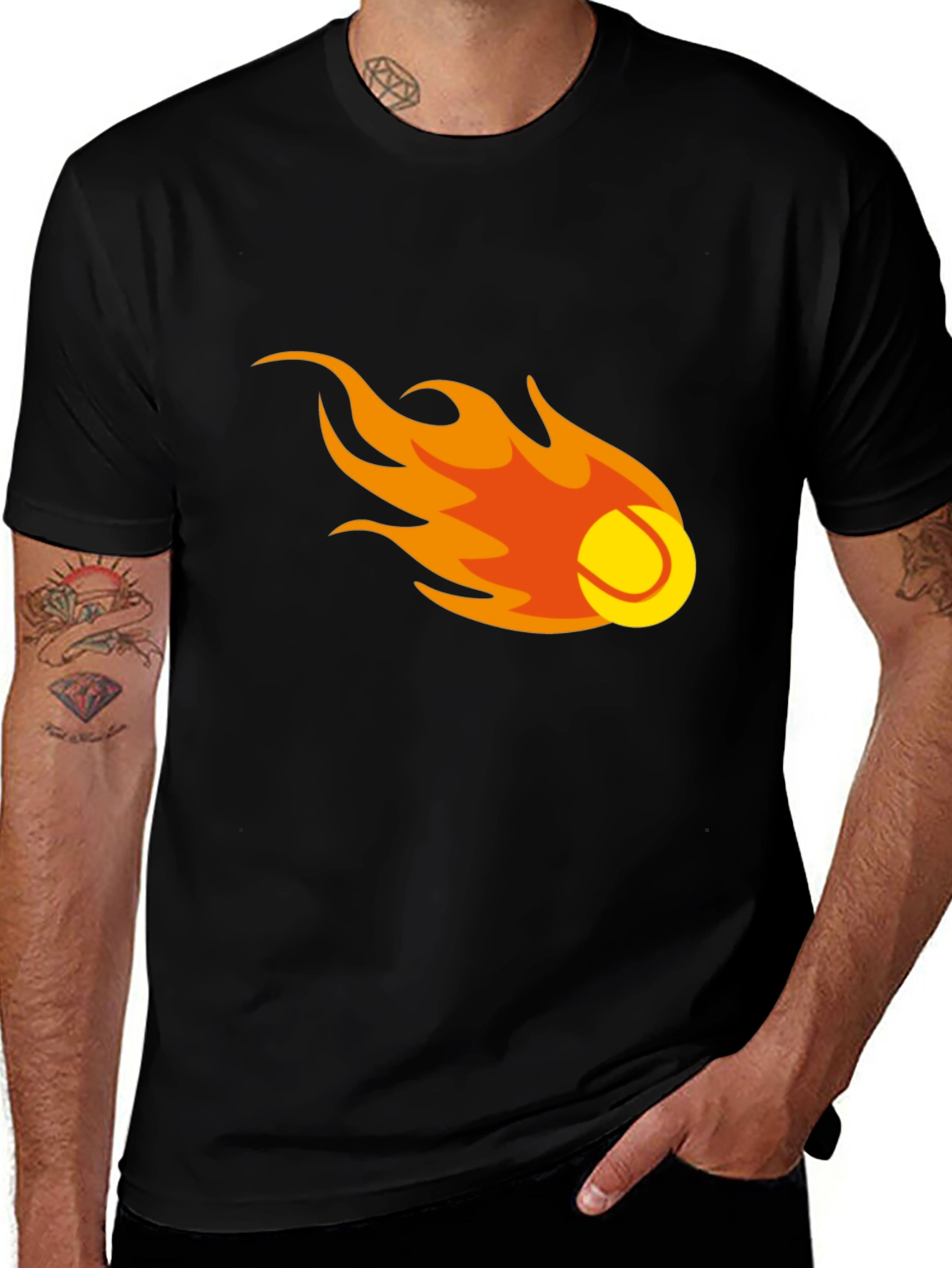 Flaming Tennis Ball Graphic Tee - Black Cotton T-Shirt