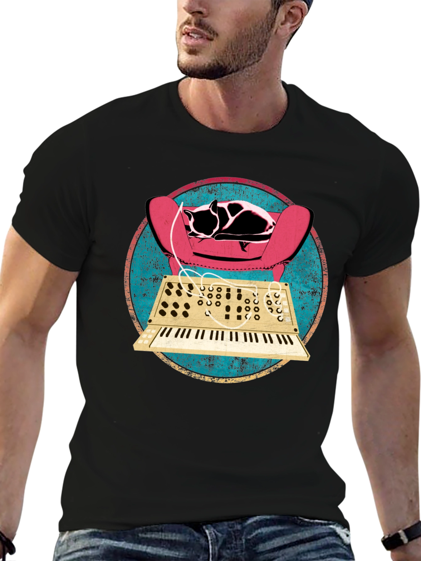 Cat on Synth T-Shirt - Retro Musical Design