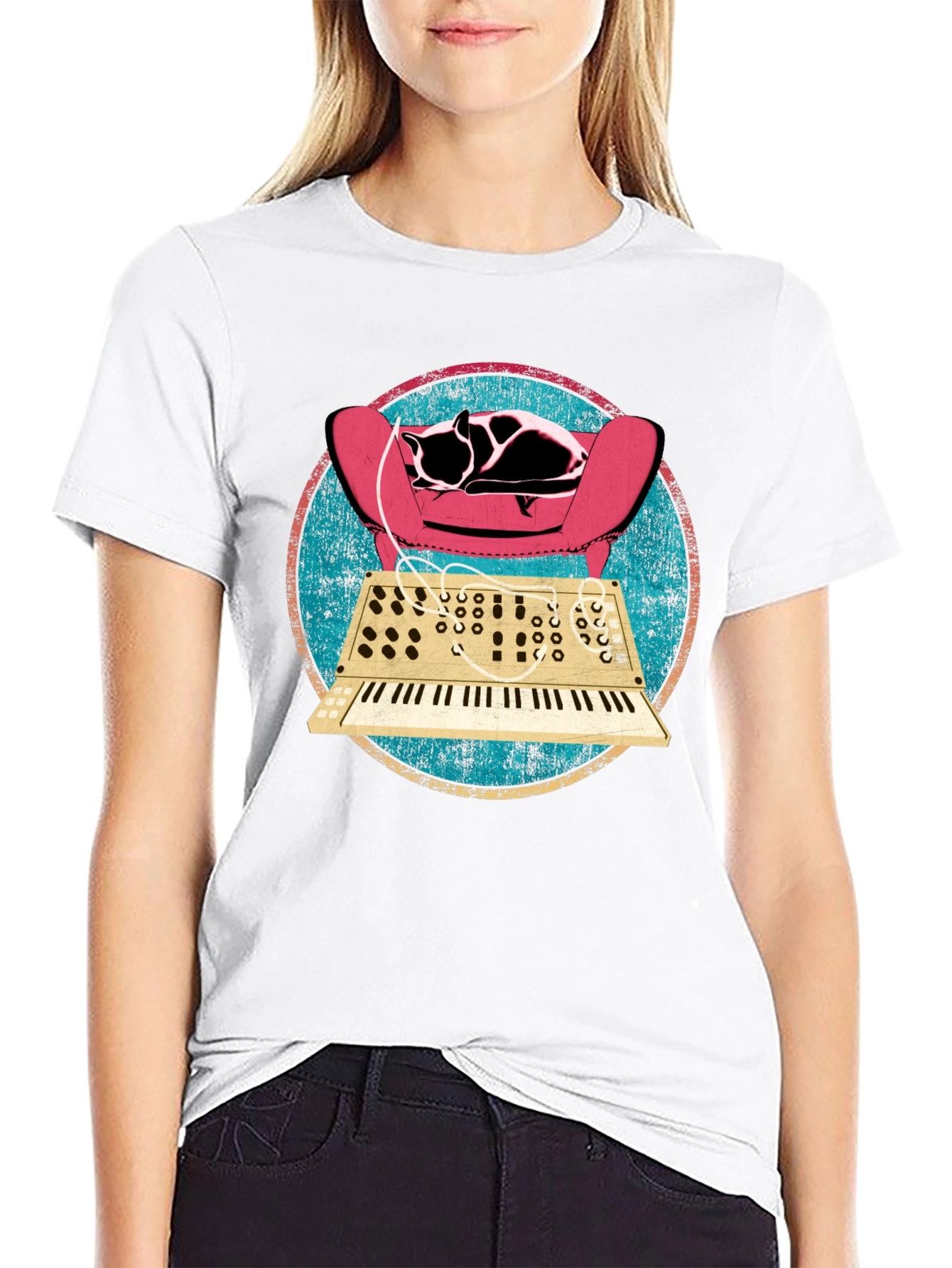 Cat on Synth T-Shirt - Retro Musical Design