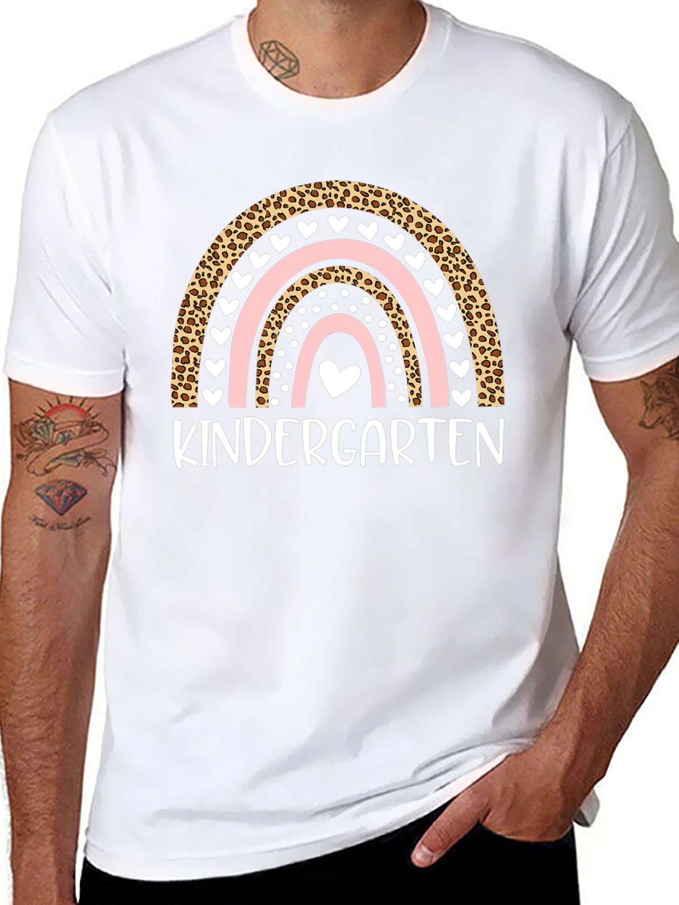 Kindergarten Rainbow T-Shirt - Leopard Print Cute Heart Design