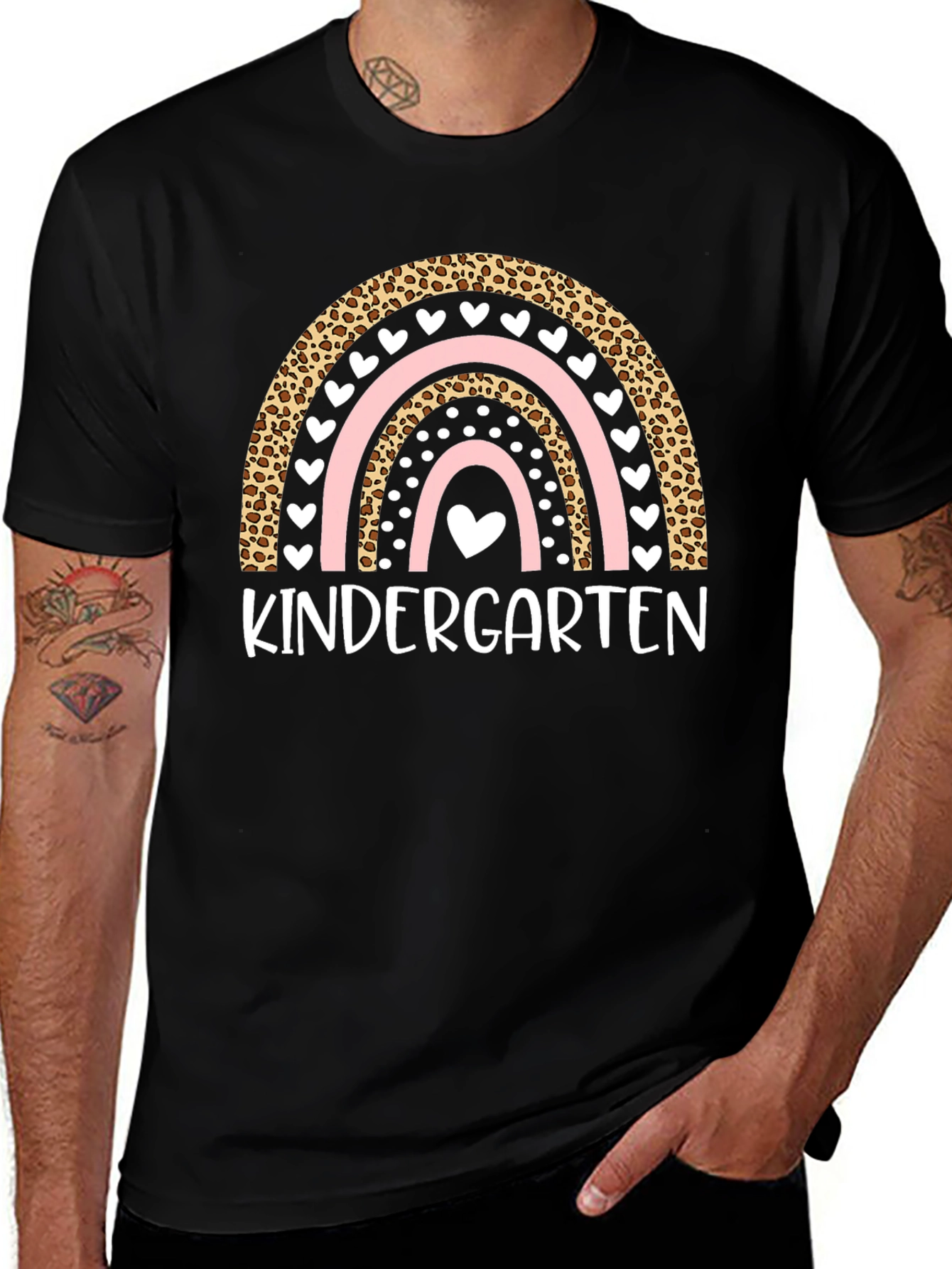 Kindergarten Rainbow T-Shirt - Leopard Print Cute Heart Design