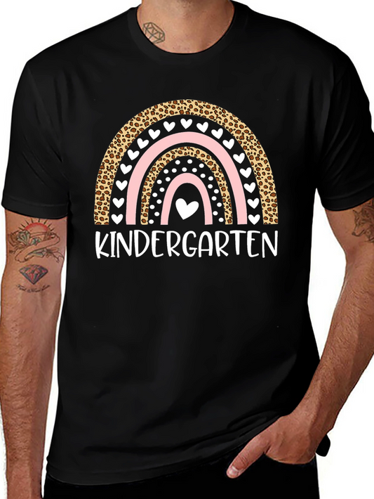 Kindergarten Rainbow T-Shirt - Leopard Print Cute Heart Design