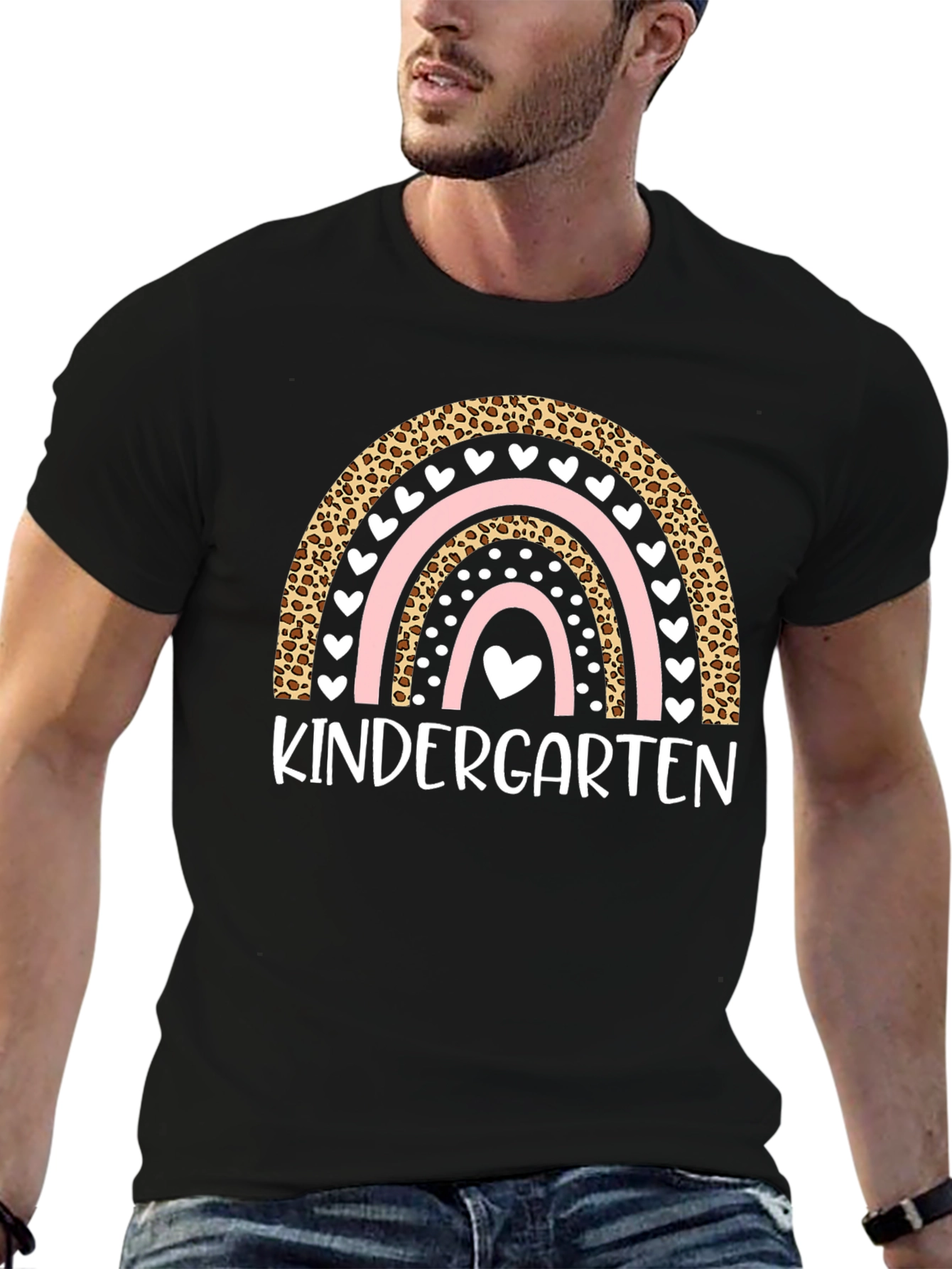Kindergarten Rainbow T-Shirt - Leopard Print Cute Heart Design