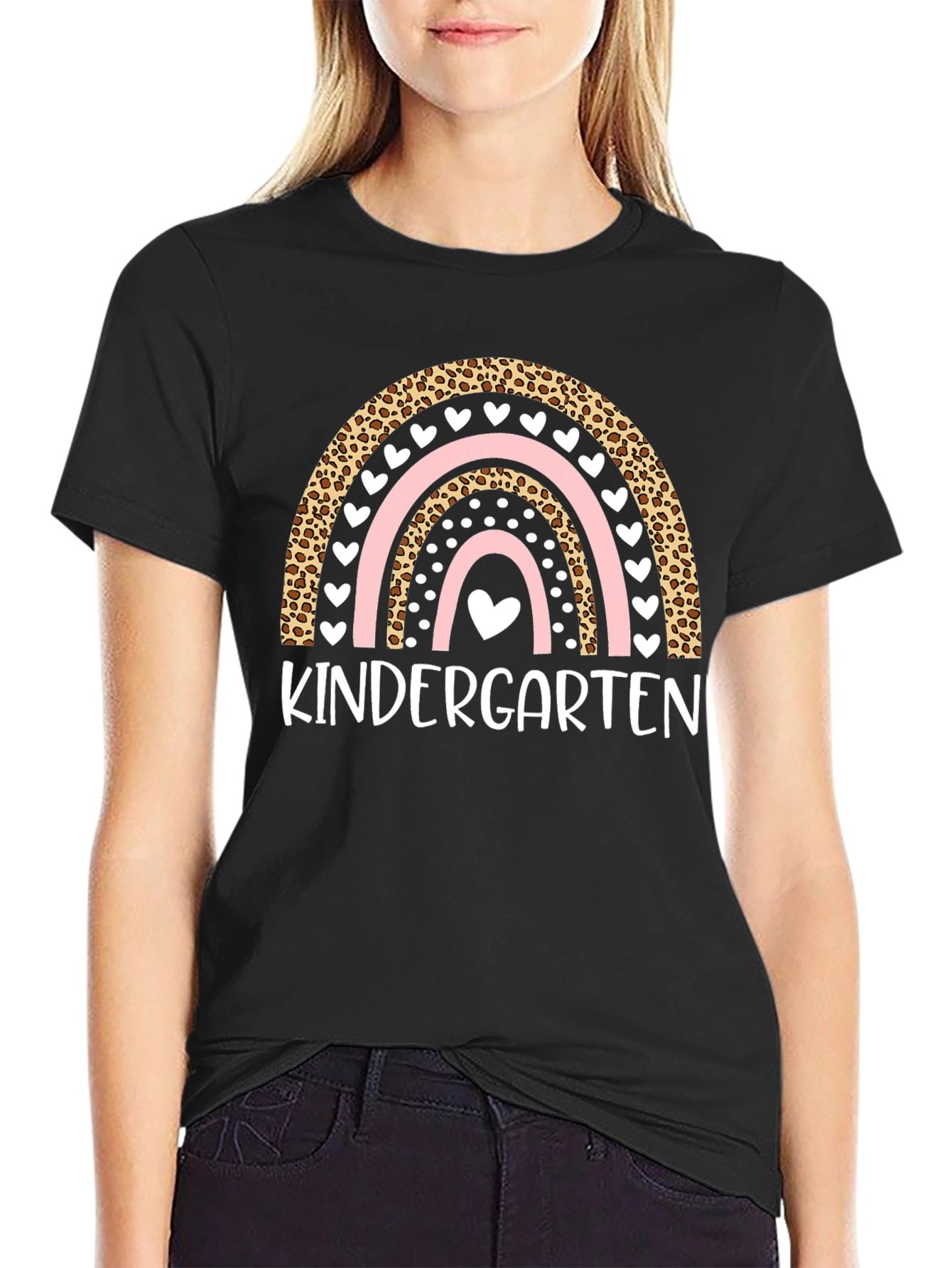 Kindergarten Rainbow T-Shirt - Leopard Print Cute Heart Design
