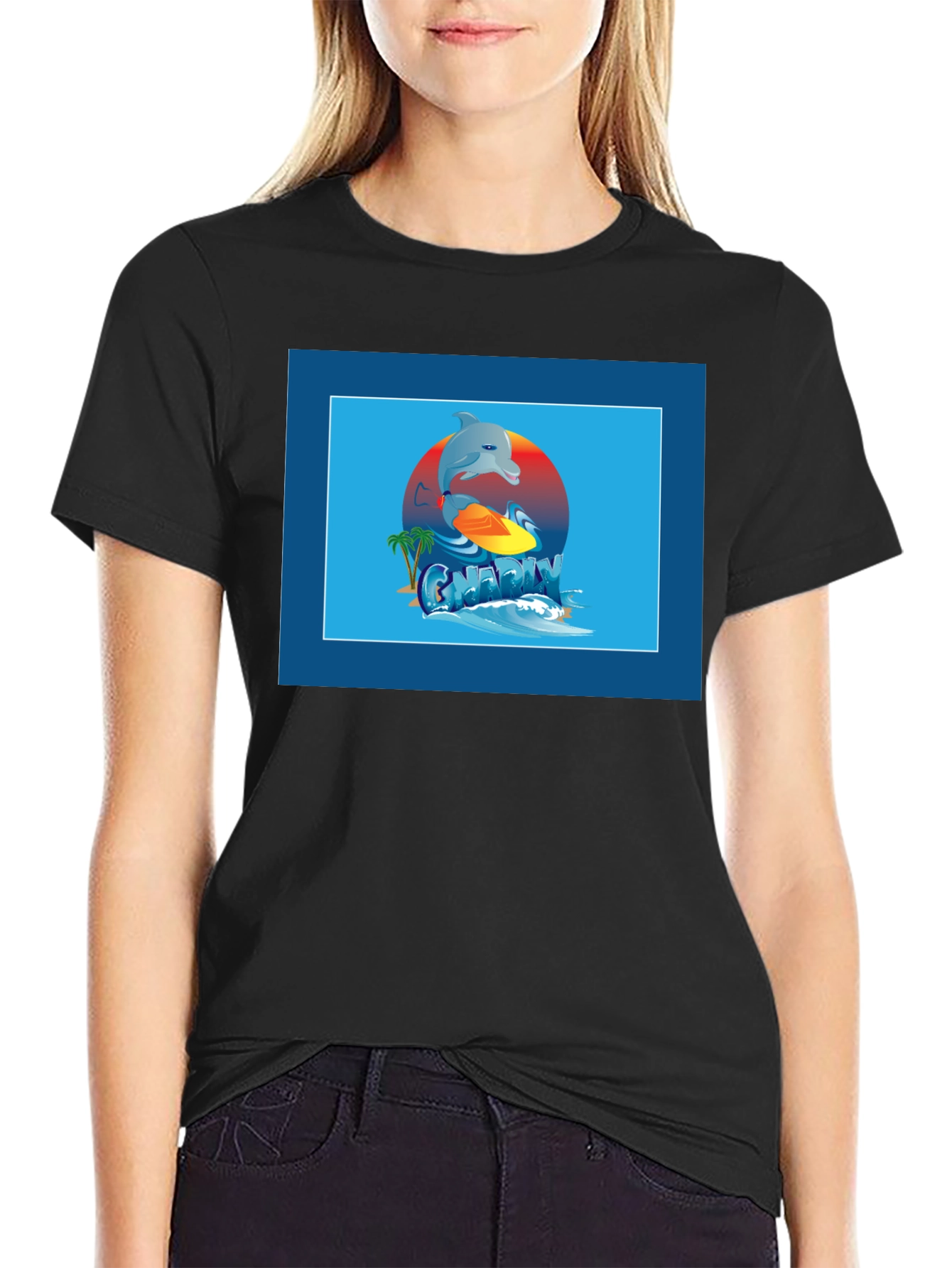 Surfing Dolphin Graphic Tee - Black
