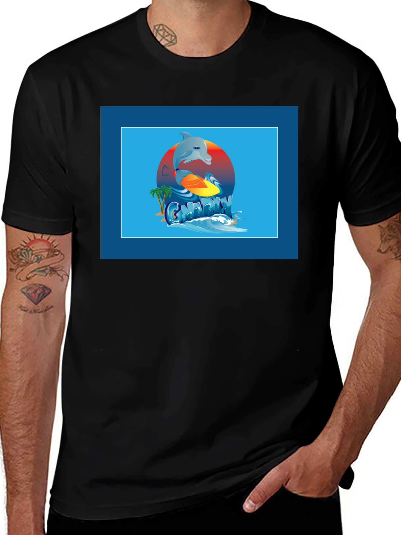 Surfing Dolphin Graphic Tee - Black