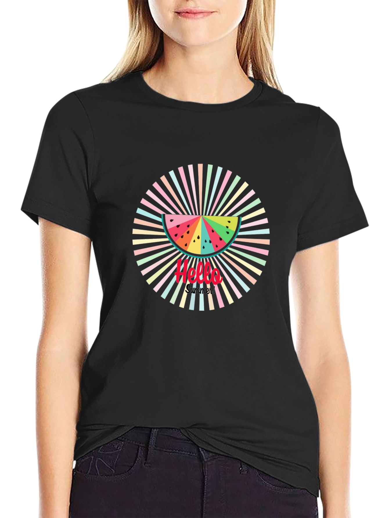 Summer Vibes Black Tee - Watermelon Graphic Print