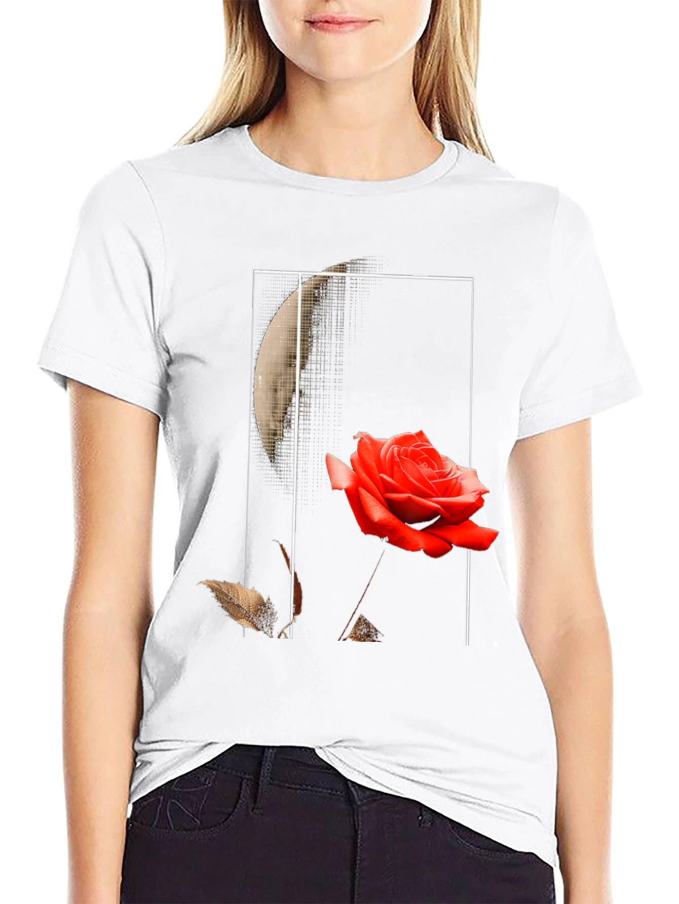 Rose and Moon Graphic Print Black T-Shirt