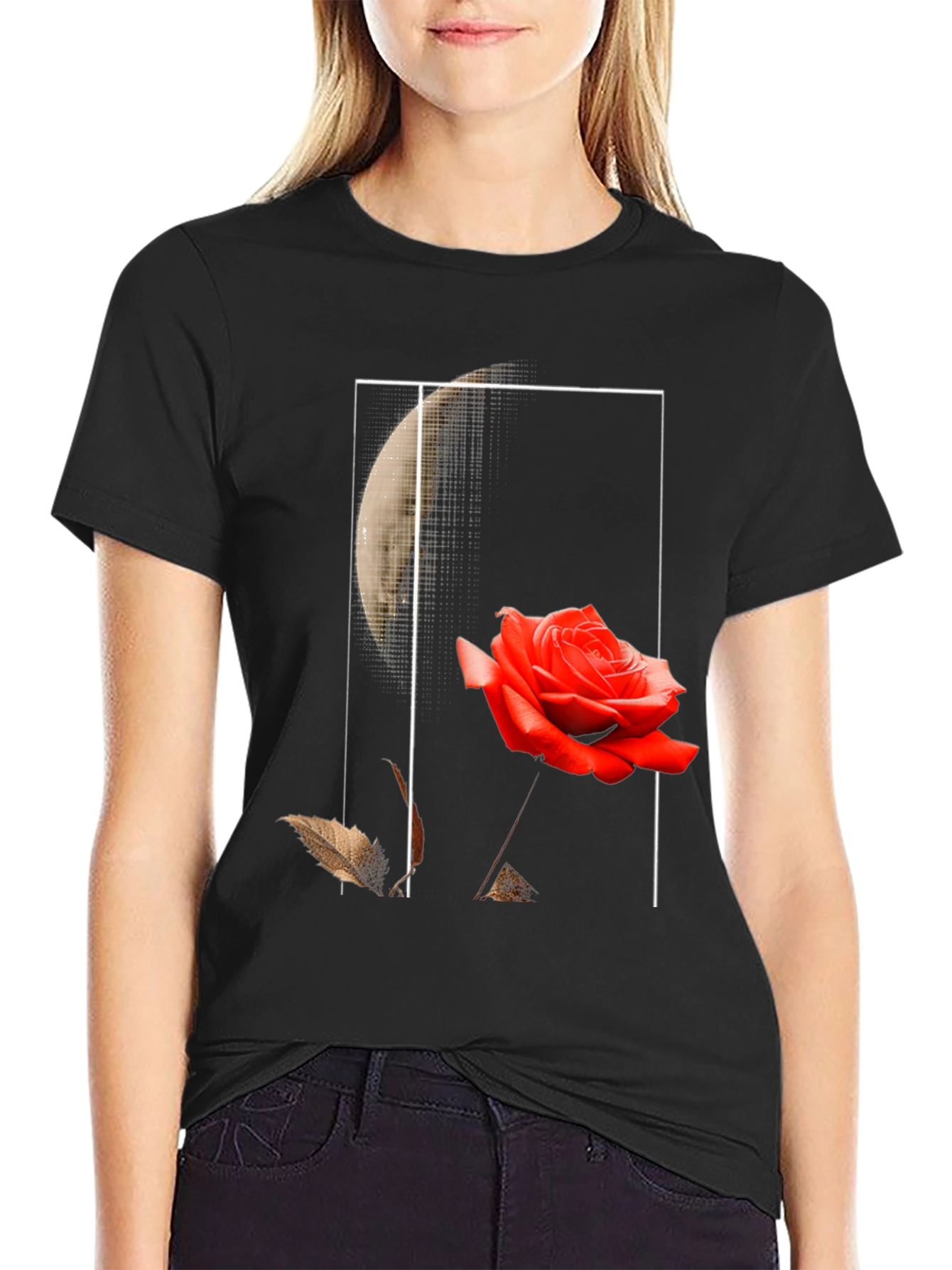 Rose and Moon Graphic Print Black T-Shirt