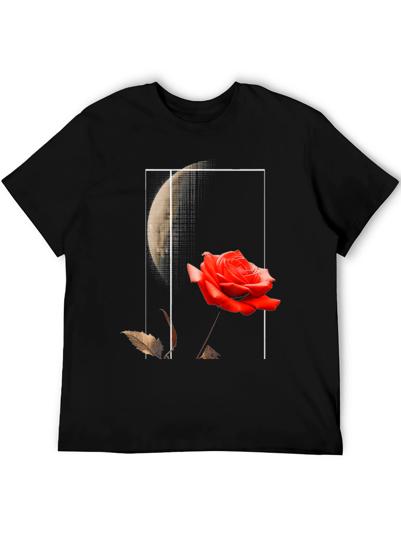 Rose and Moon Graphic Print Black T-Shirt