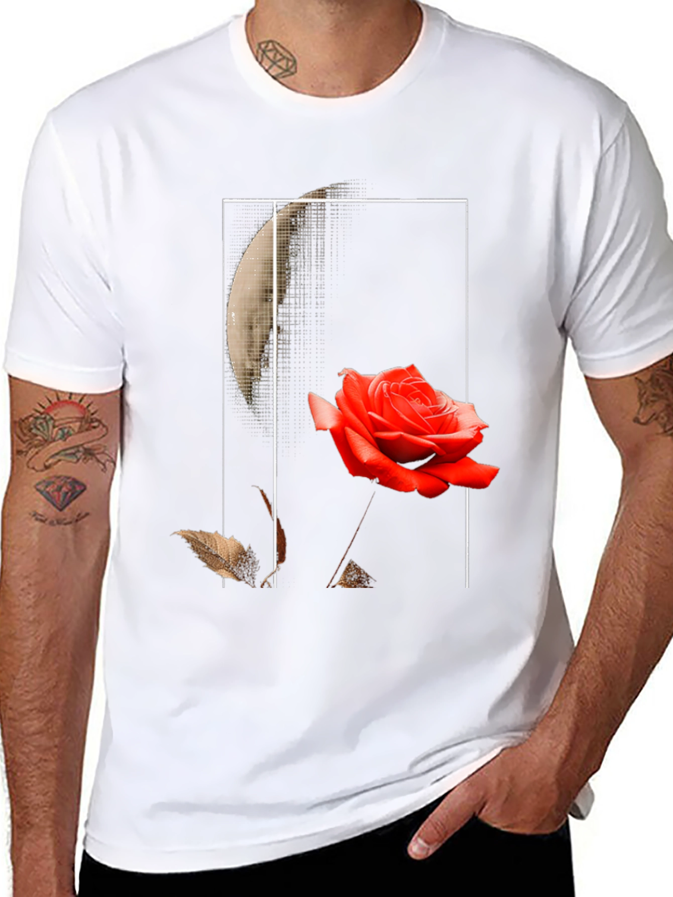 Rose and Moon Graphic Print Black T-Shirt