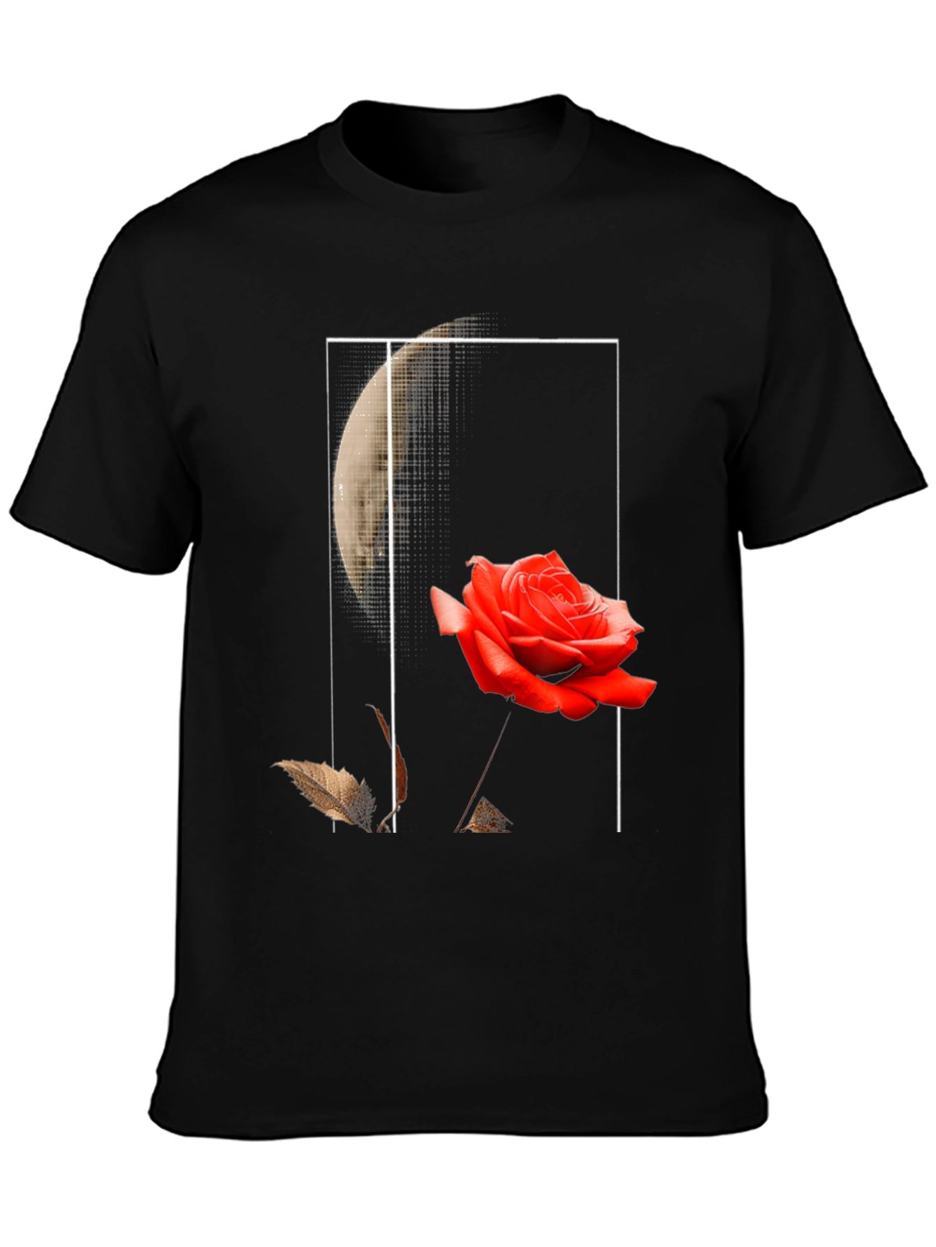 Rose and Moon Graphic Print Black T-Shirt