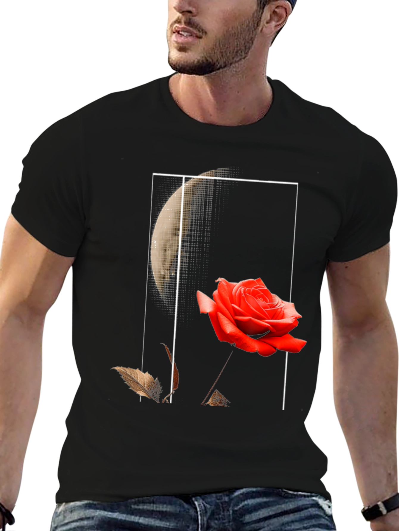 Rose and Moon Graphic Print Black T-Shirt