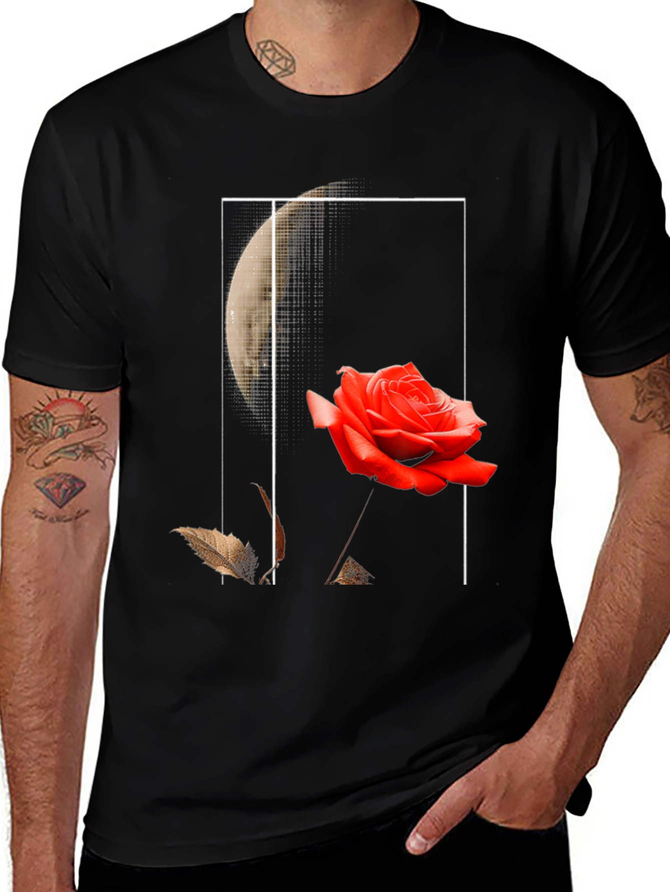 Rose and Moon Graphic Print Black T-Shirt