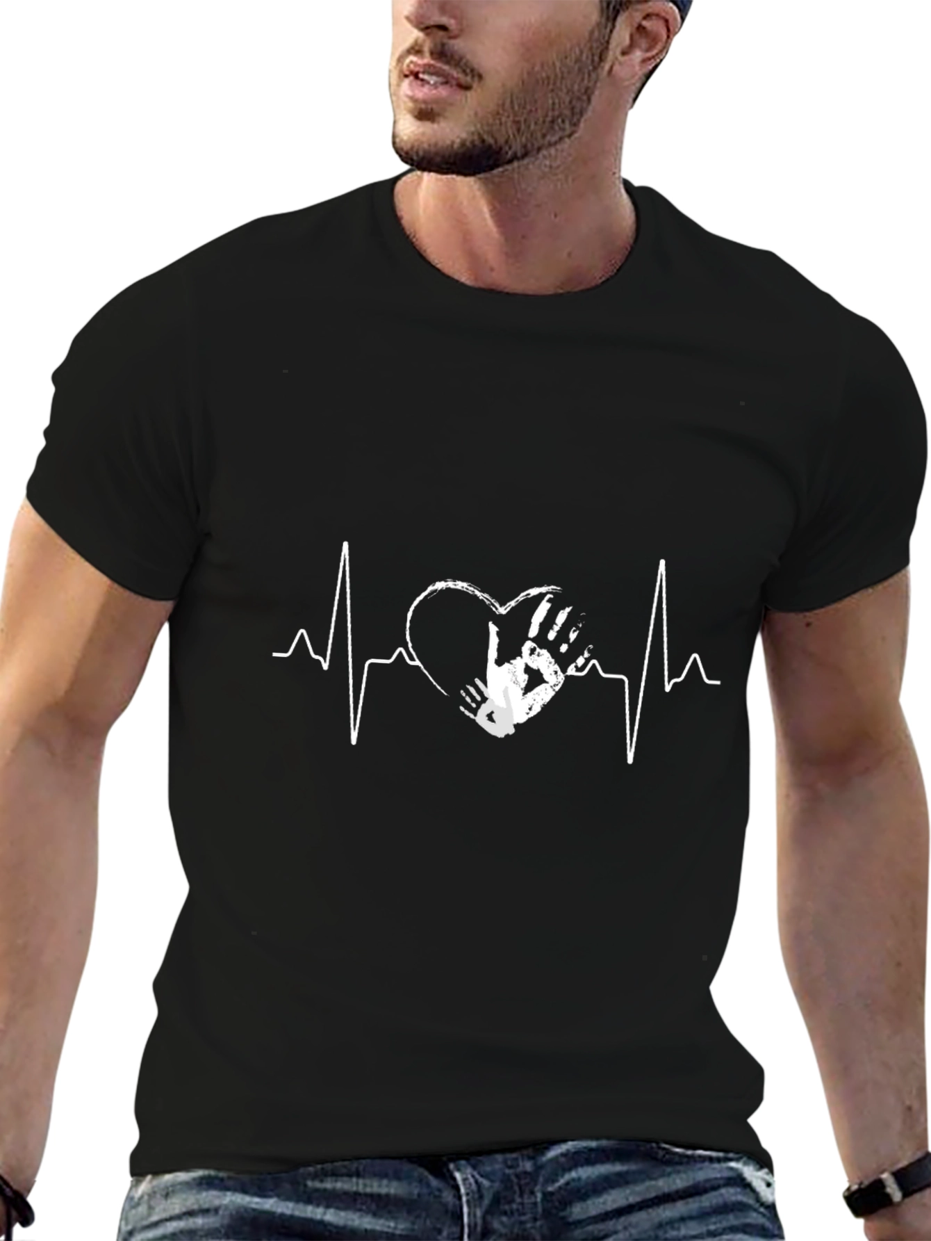 Heartbeat Handprint Graphic T-Shirt - Black