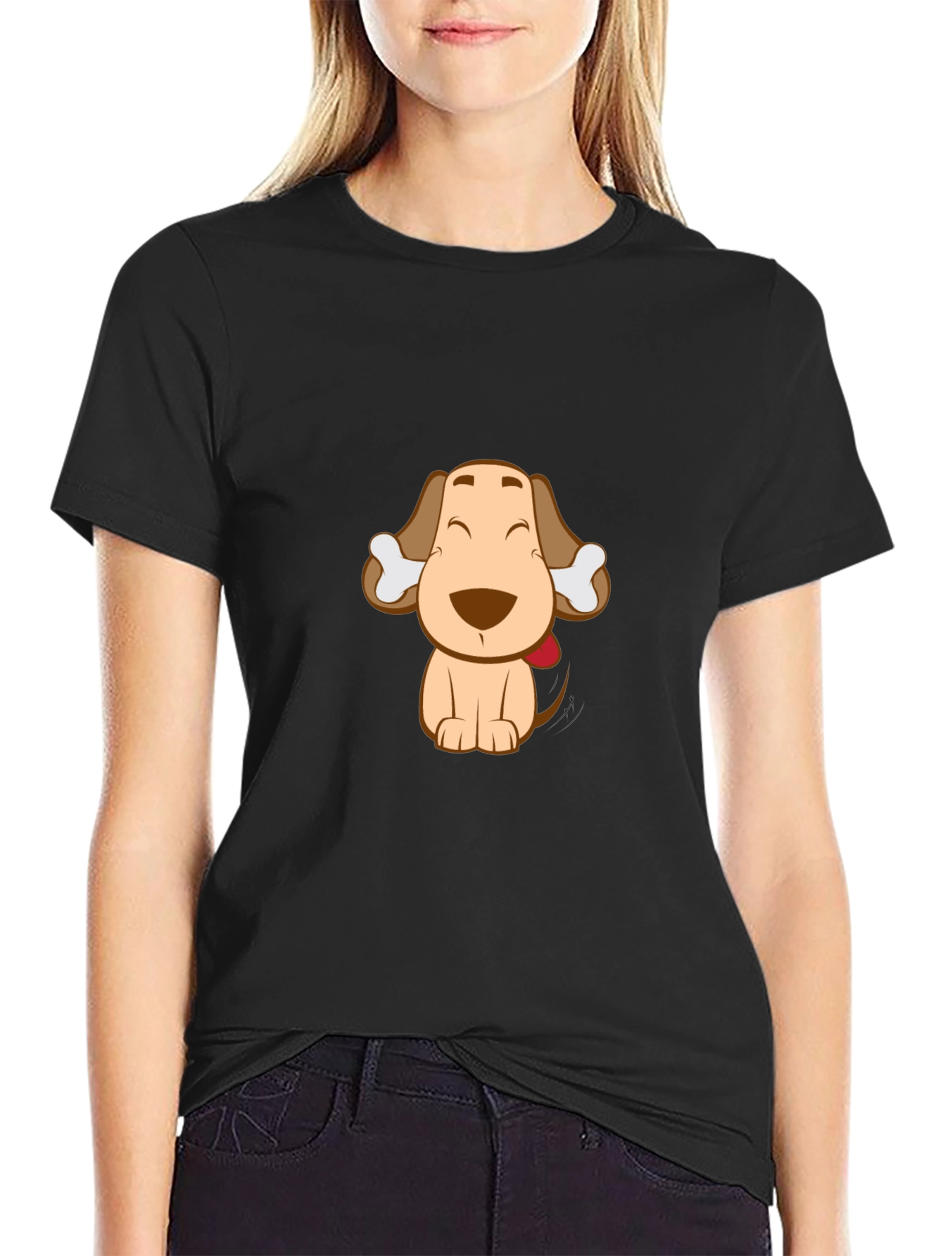 Cute Cartoon Dog Graphic Tee - Black