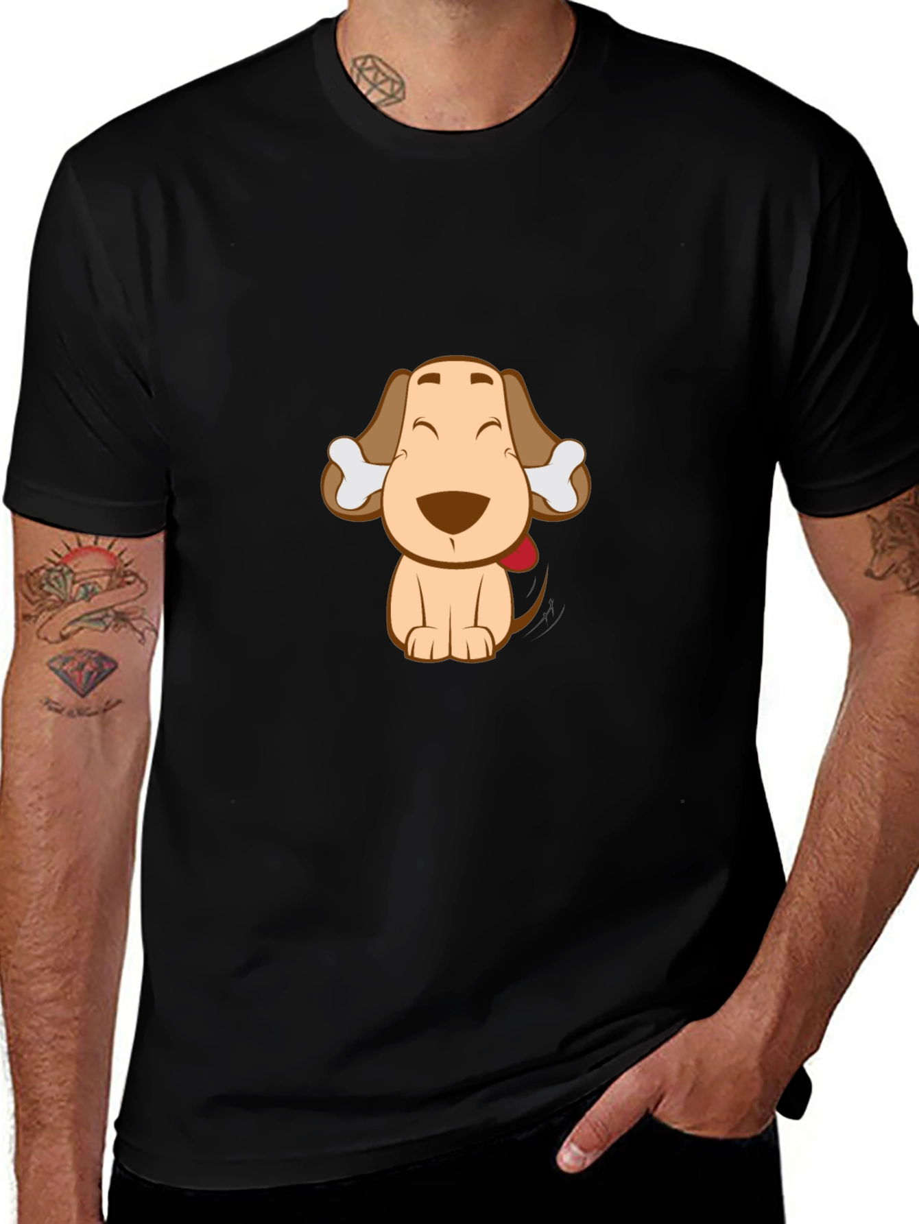 Cute Cartoon Dog Graphic Tee - Black