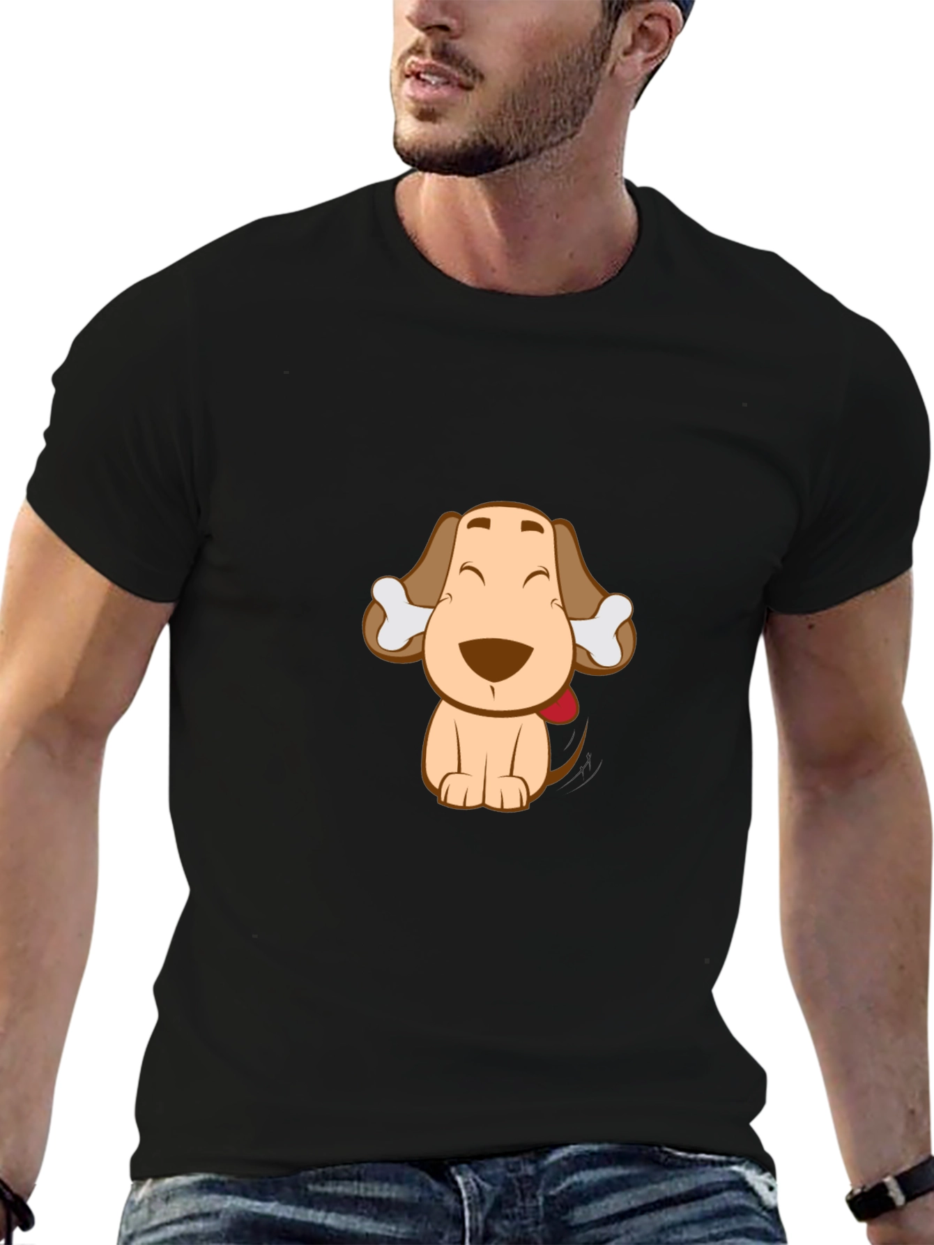 Cute Cartoon Dog Graphic Tee - Black