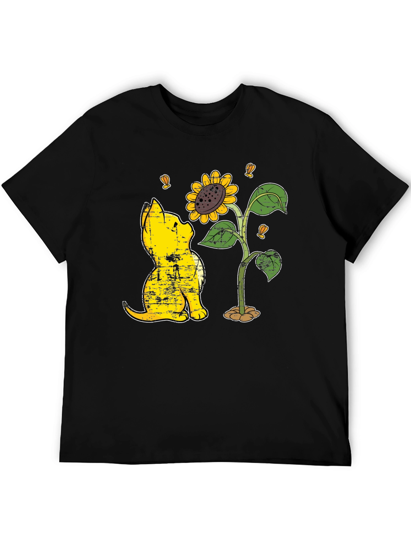 Cat Sunflower Graphic Black T-Shirt