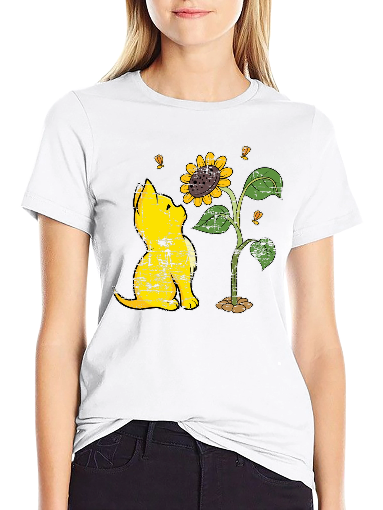 Cat Sunflower Graphic Black T-Shirt
