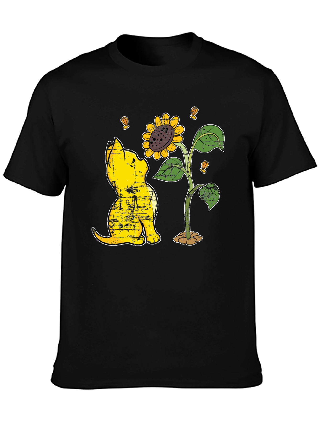 Cat Sunflower Graphic Black T-Shirt