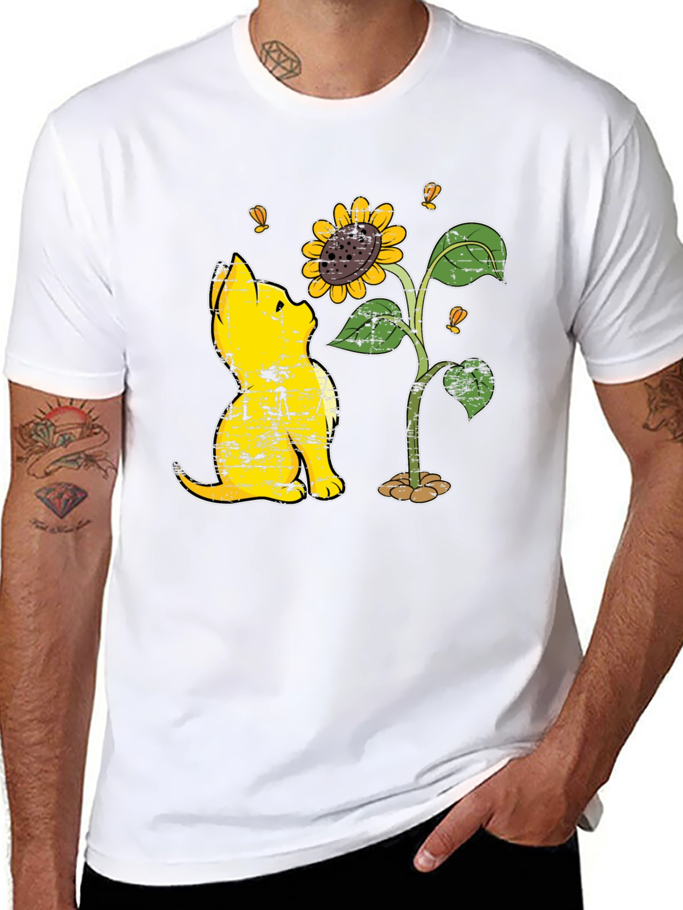 Cat Sunflower Graphic Black T-Shirt