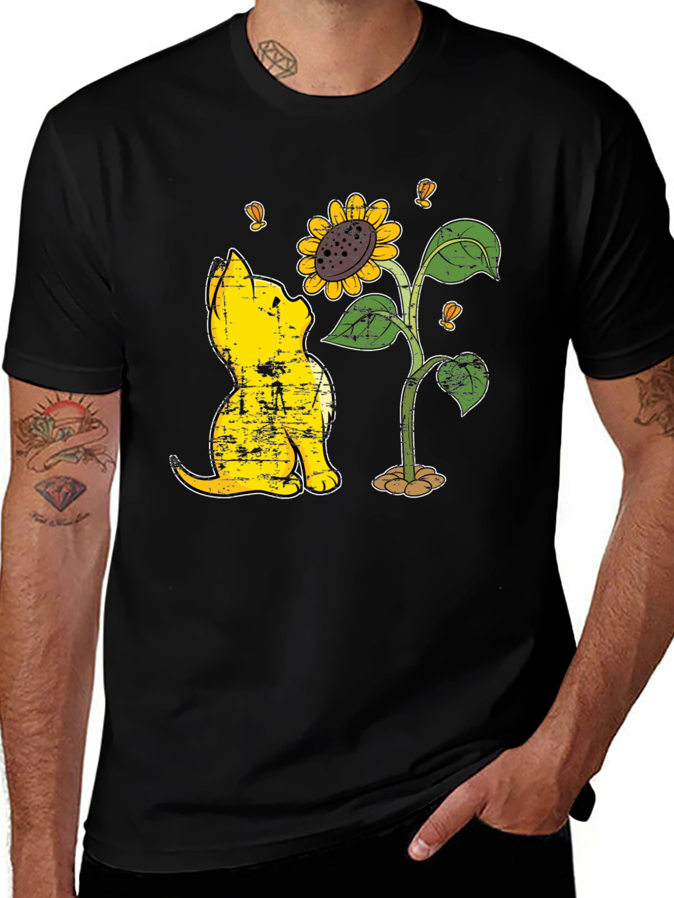 Cat Sunflower Graphic Black T-Shirt