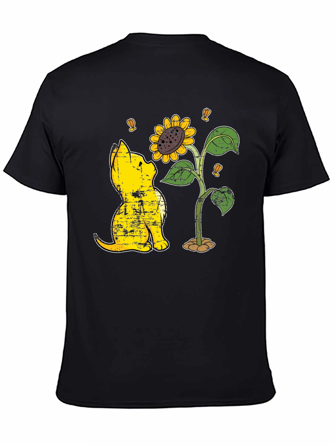 Cat Sunflower Graphic Black T-Shirt