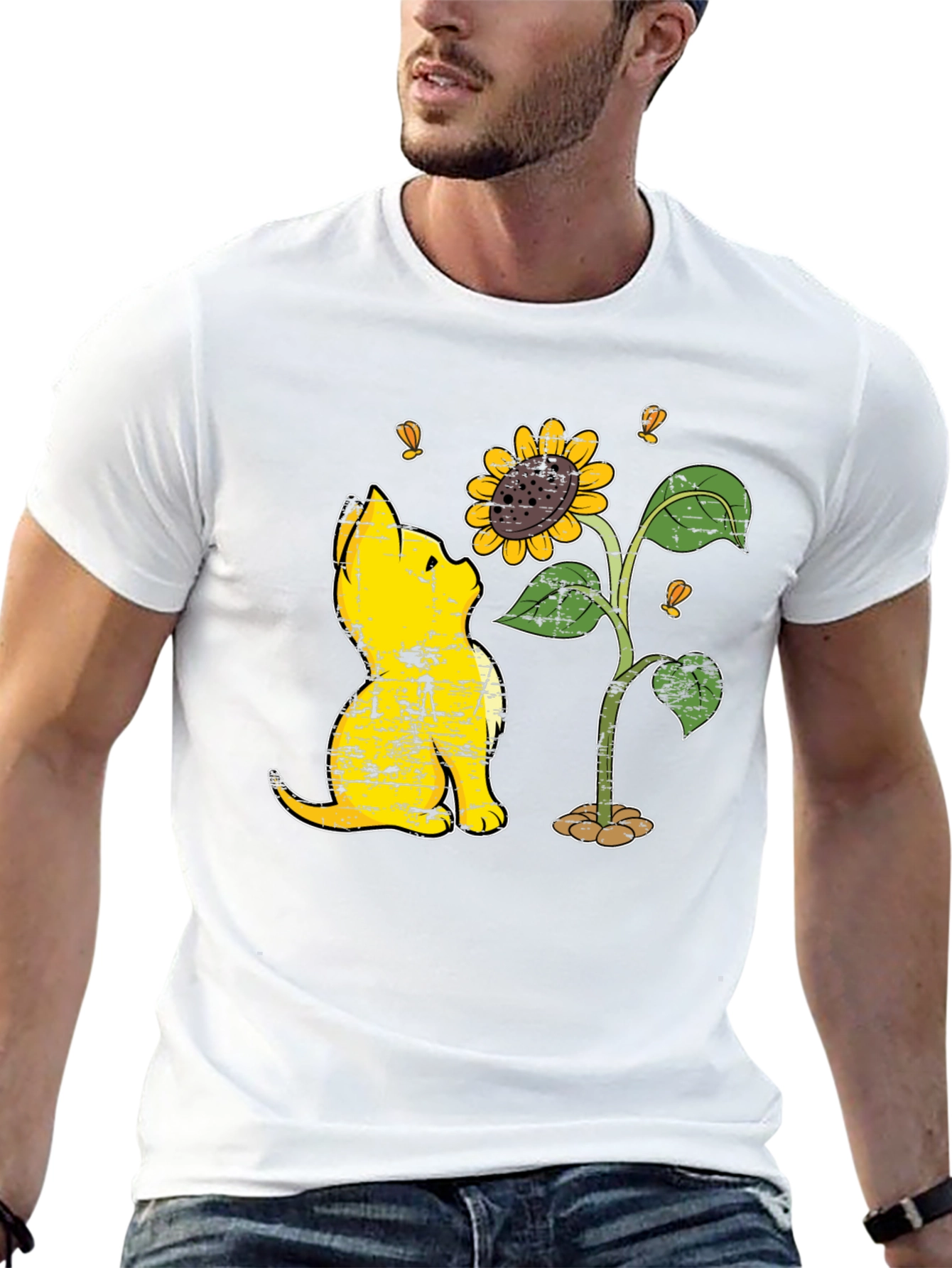 Cat Sunflower Graphic Black T-Shirt