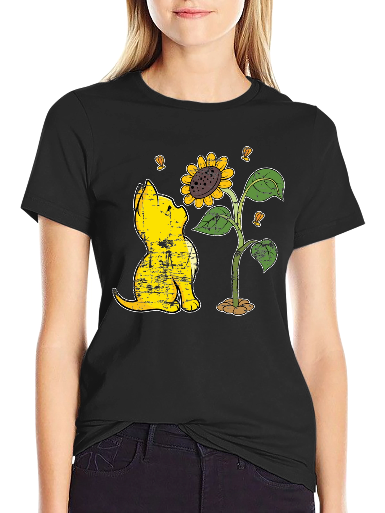 Cat Sunflower Graphic Black T-Shirt