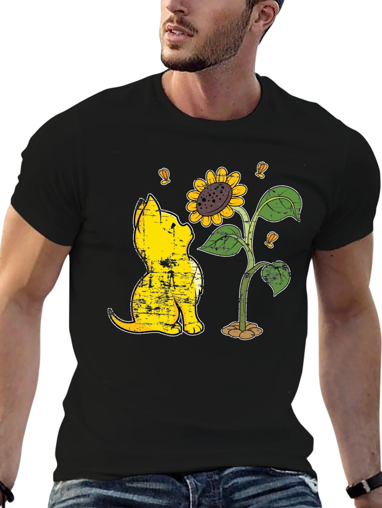 Cat Sunflower Graphic Black T-Shirt
