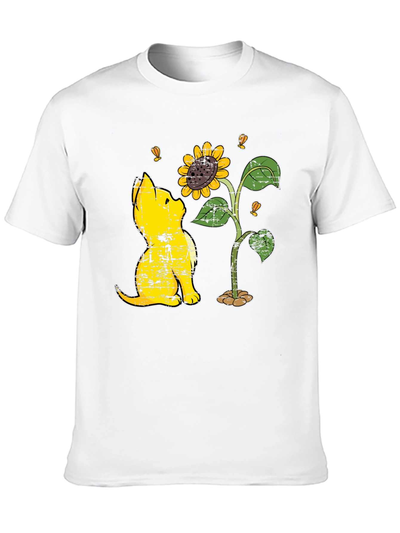 Cat Sunflower Graphic Black T-Shirt