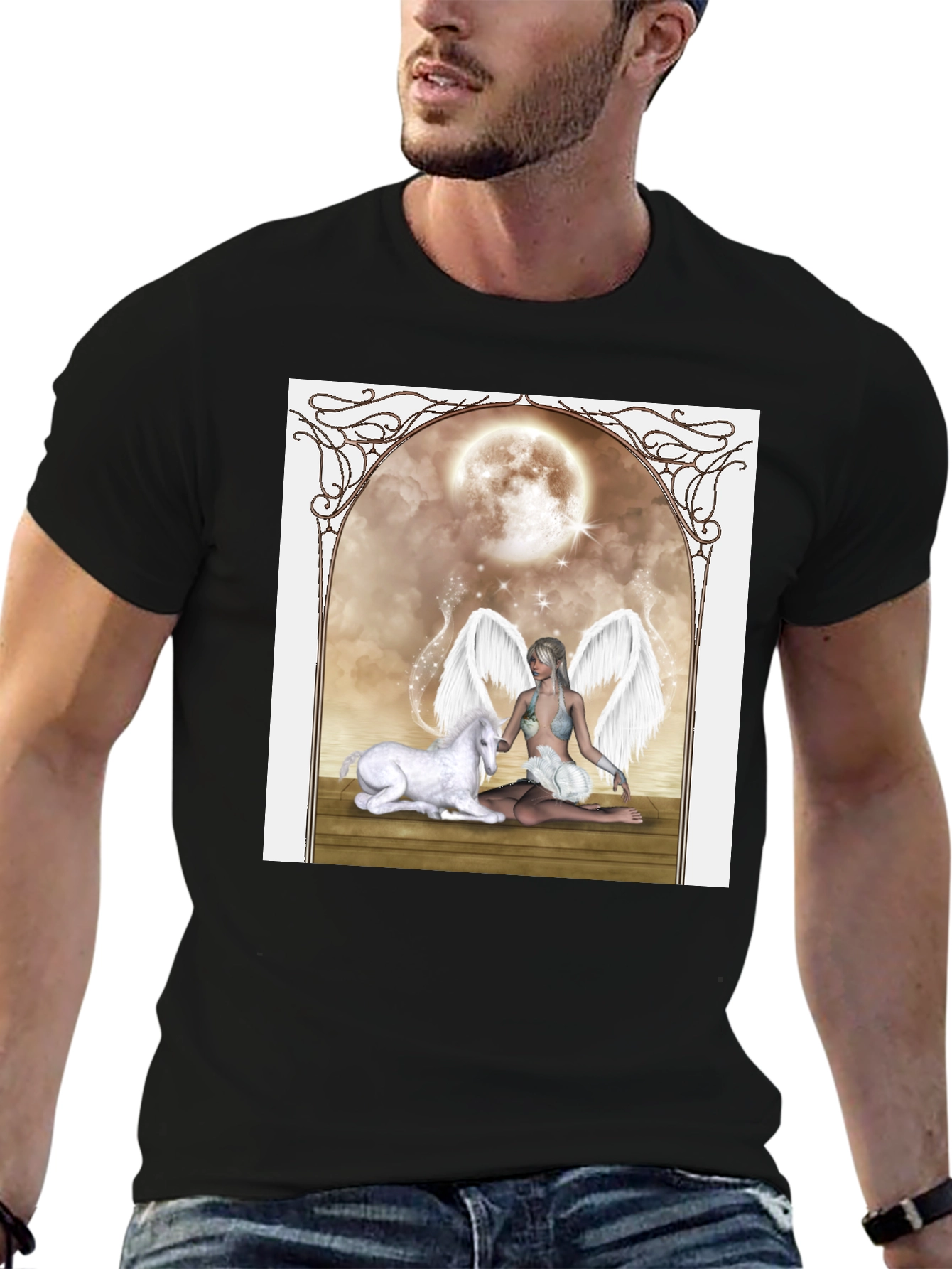 Fantasy Angel & Unicorn Black T-Shirt
