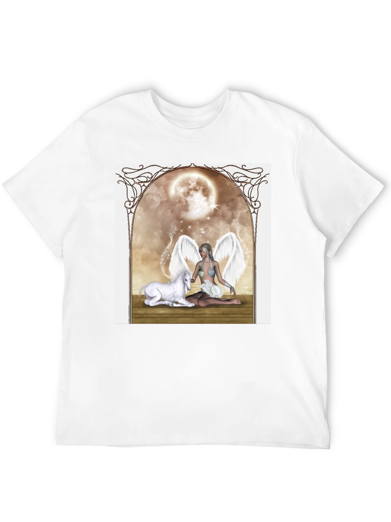 Fantasy Angel & Unicorn Black T-Shirt
