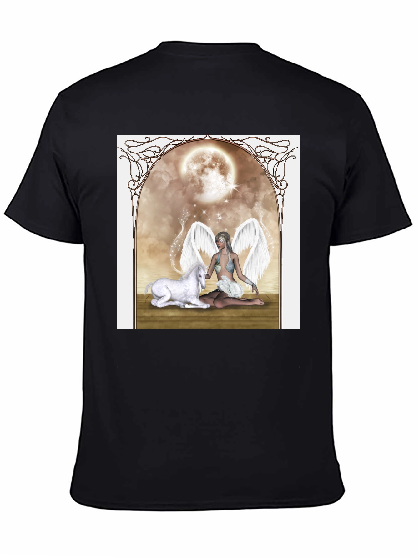 Fantasy Angel & Unicorn Black T-Shirt