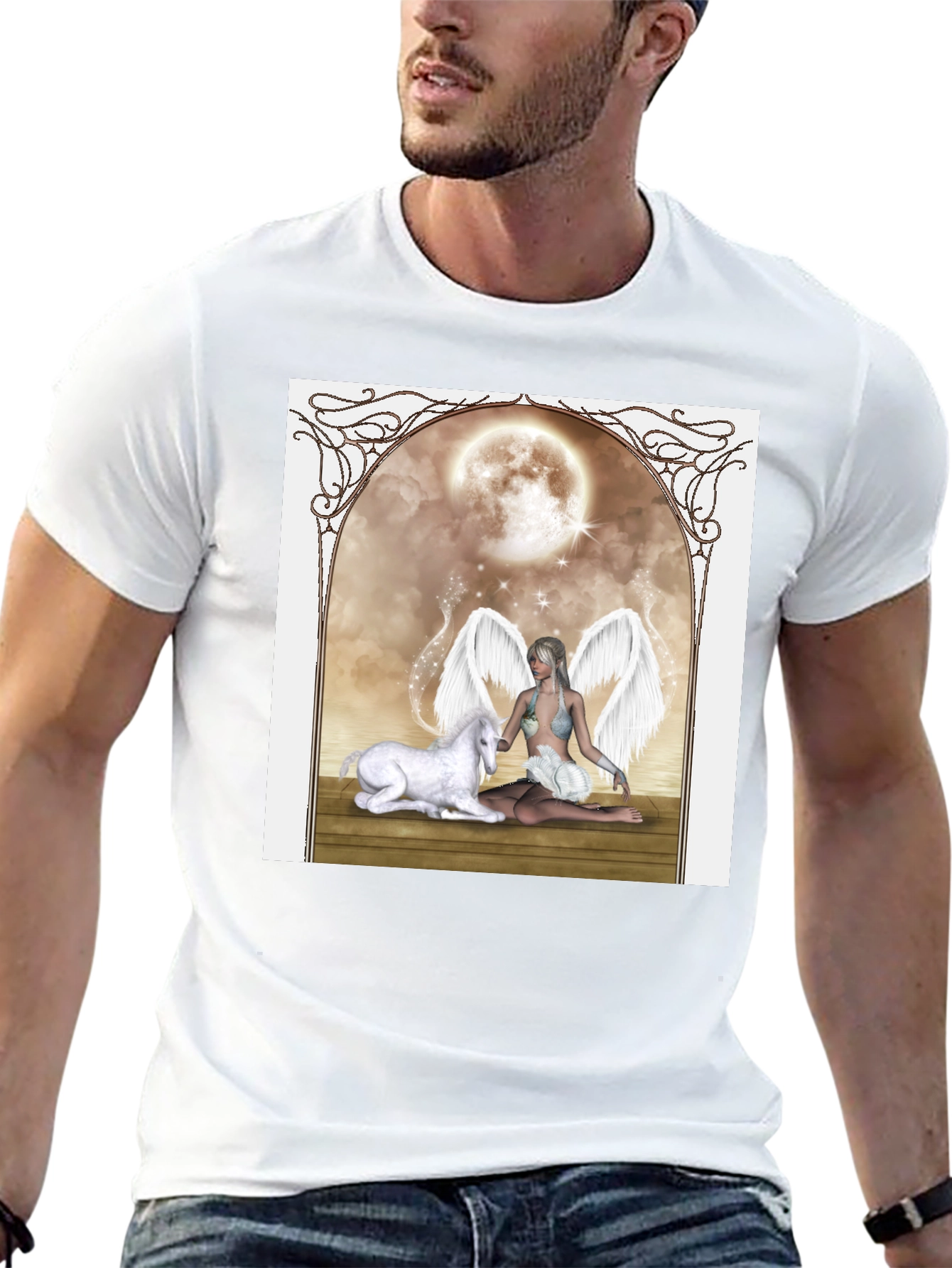 Fantasy Angel & Unicorn Black T-Shirt