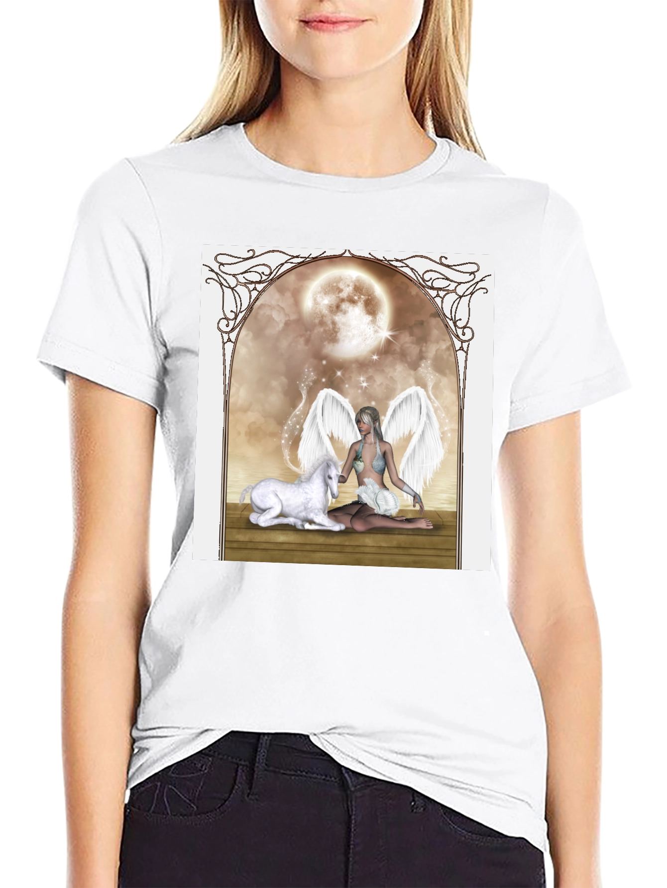 Fantasy Angel & Unicorn Black T-Shirt