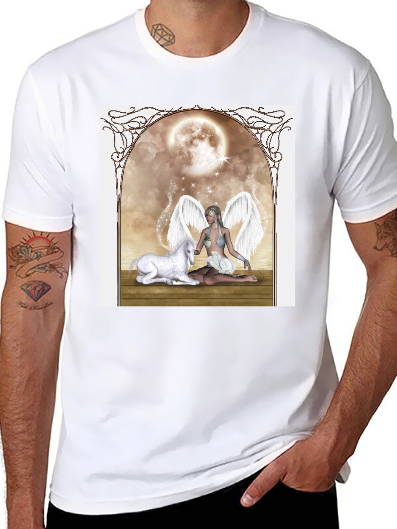 Fantasy Angel & Unicorn Black T-Shirt